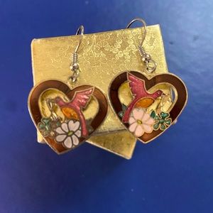 Cloisonné Heart/Bird Gold-toned Hook Earrings Vintage